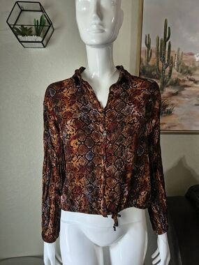 Fashion Nova Rust & Brown Snake-Print Button-Front Blouse